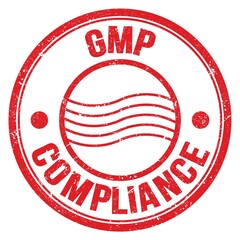 GMP COMPLIANCE text on red round postal stamp sign