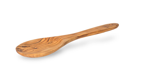 Spoon made of olive wood isolated on white background. Side view.