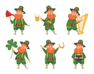 St patricks. Leprechaun funny gnome in green jacket and cylinder hat symbol of lucky life clover golden coins exact vector characters in action poses