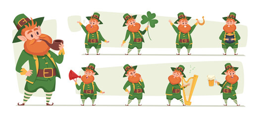 Obraz na płótnie Canvas St patrick gnome. Lucky leprechaun in action poses funny character in green clothes pants and jackets exact vector cartoon templates