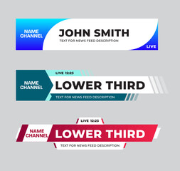 Vector lower third for news information, title, channel name. Illustration for video, media, web, TV channel. Set
