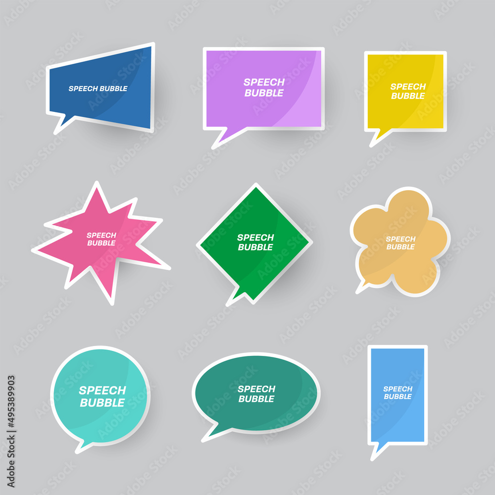 Poster set of vector colored speech bubbles for quotes with white stroke and glossy highlights.