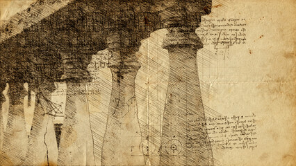 3d illustration - Engineering drawing in style of Leonardo Da Vinci - obrazy, fototapety, plakaty