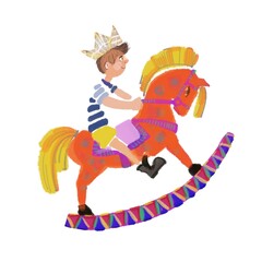 Child playing with horse. Childhood, watercolour illustration. 