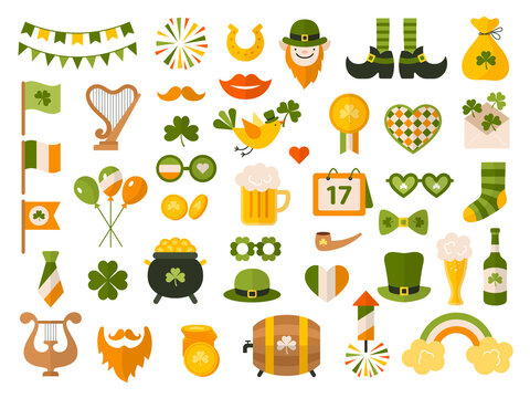 St patrick. Celebration party items green clothes leprechaun with golden coins lucky symbols clover recent vector illustrations