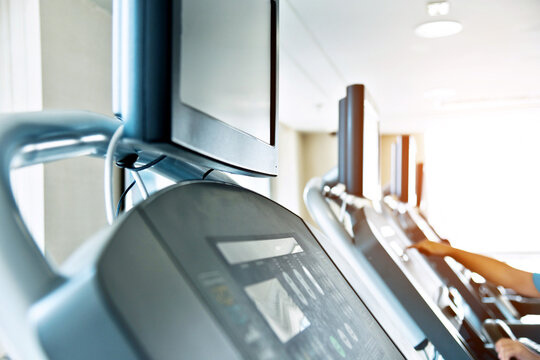 Detail shot of treadmills in modern gym