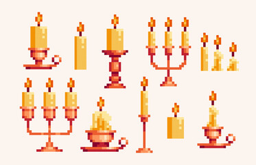 Fototapeta na wymiar Candles and candlesticks, pixel art set. Wax light collection. 8-bit sprite. Game development, mobile app. Isolated vector illustration.