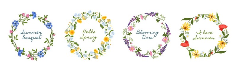 Meadow flowers wreaths. Wild herbs round frames with summer and spring texts, beautiful botanical decor, inscription design, poppies, dandelions and sunflowers vector isolated herbal set