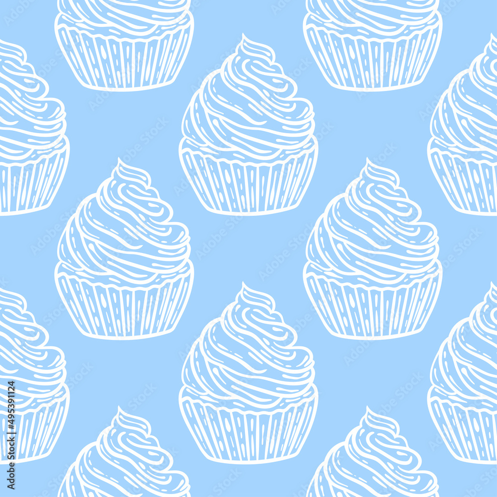 Wall mural White cakes on blue sky background seamless pattern. Pastel pastry background with cream vector illustration. Model for fabric, wallpaper, packaging and design