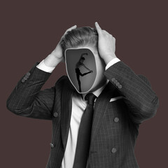 Contemporary art collage with bw portrait of business man with silhouette of ballet dancer instead his face. Concept of mental health, dreams, diversity, inner world
