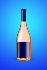 A clear bottle of rose wine isolated on a blue background for mockup presentation projects.