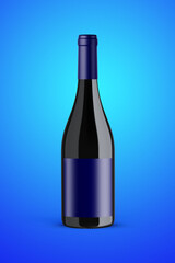 A black bottle of red wine isolated on a blue background for mockup presentation projects.