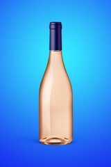 A clear bottle of rose wine isolated on a blue background for mockup presentation projects.