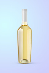 A clear bottle of white wine isolated on a blue background for mockup presentation projects.