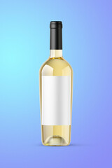 A clear bottle of white wine isolated on a blue background for mockup presentation projects.