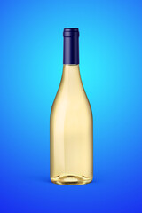 A clear bottle of white wine isolated on a blue background for mockup presentation projects.