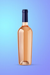 A clear bottle of rose wine isolated on a blue background for mockup presentation projects.