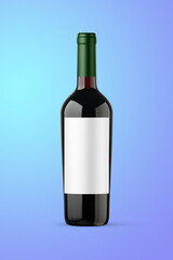 A black bottle of red wine isolated on a blue background for mockup presentation projects.