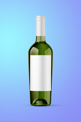 A green bottle of white wine isolated on a blue background for mockup presentation projects.