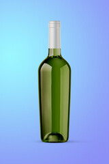 A green bottle of white wine isolated on a blue background for mockup presentation projects.