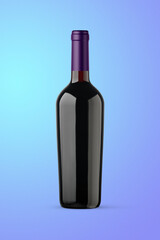 A black bottle of red wine isolated on a blue background for mockup presentation projects.