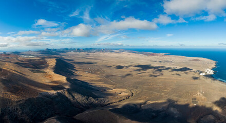 Aerial view of El Jable desert and and Famara village, Spain