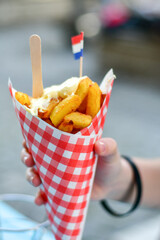 Dutch War Fries  with the Canals of Amsterdam on the background. Typical Dutch street food...