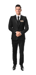 Full length portrait of happy receptionist in uniform on white background