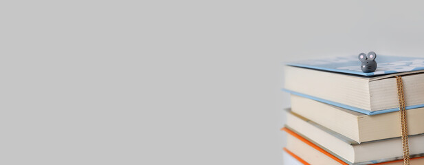 A pile of books on a light gray background. Minimal composition. Book tabs.