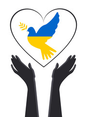 Vertical poster with a dove of peace in the heart and the hands of the Ukrainian people in the struggle for peace on a white background. Peace to Ukraine. 
