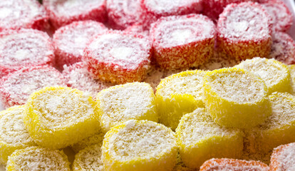 Closeup of delights sweets Rahat lakoum, lukum, lokum
