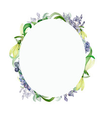 Obraz premium Purple, blue spring flowers watercolor wreath, frame isolated on white