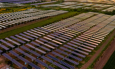Aerial shot of sunrise sunlight shining on solar photovoltaic panels