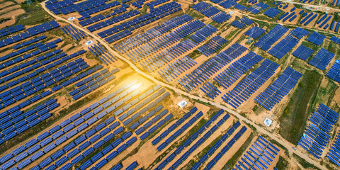 Aerial photography of solar photovoltaics constructed in plateau plains