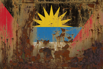 Antigua Barbuda Flag on a Dirty Rusty Grunge Metallic Surface