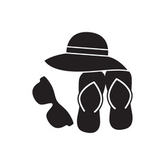 Beach vacation icon in black flat glyph, filled style isolated on white background