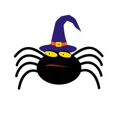Cute spider in a witch hat. Happy Halloween Day theme. Vector illustration.
