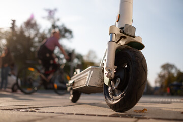 Fototapeta na wymiar Electric scooter for rent close up. Electric urban transportation