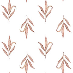 Watercolor seamless pattern of a yellowed leaf branch, on a white background.