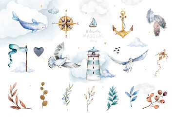 marine set, watercolor. clipart on a white background dedicated to the marine theme. seagulls, lighthouse, anchor, fish, compass, boat. the set of the young captain - 495395117