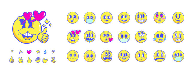 Vintage 30s 40s 50s cartoon and comic facial expressions emoji. Expressive eyes and mouth, smiling, crying and surprised character face expressions vector set Premium Vector