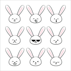 Set of cute Easter Bunny Emoticons with Happy and Lovely Faces on the white Background. Vector Illustration Design.