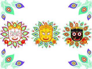 The beautiful and creative design of the Sri Lord Jagannatha Hindu god in a very attractive and professional style. Sri Krishna with the elder brother Balbhadra and the sister Sri Subhadraji.