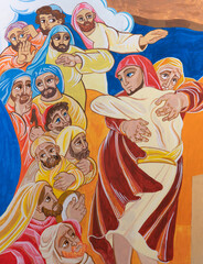 FORLÍ, ITALY - NOVEMBER 11, 2021:  The modern fresco Josephs brothers return to Egyptin the church...
