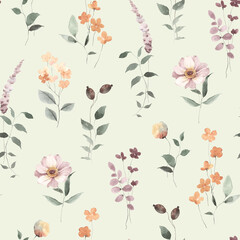 Fototapeta premium Floral watercolor pattern, seamless illustration on delicate green background with abstract flowers, plants and leaves for textile, wallpapers or decoration texture in vintage style.