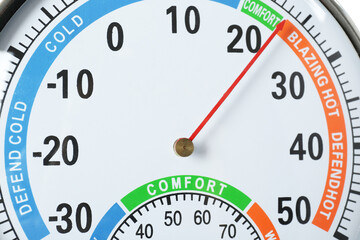 Closeup view of round mechanical hygrometer. Meteorological tool - obrazy, fototapety, plakaty