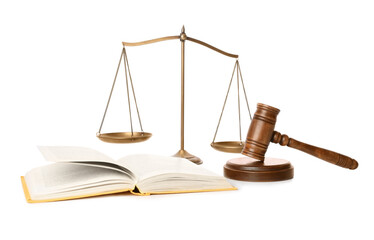 Wooden gavel, book and scales of justice on white background