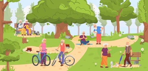 Elderly in park. Old couple cyclists, woman and man walking with dogs. Older people training outdoor, seniors on bench. Active decent retirement human vector scene
