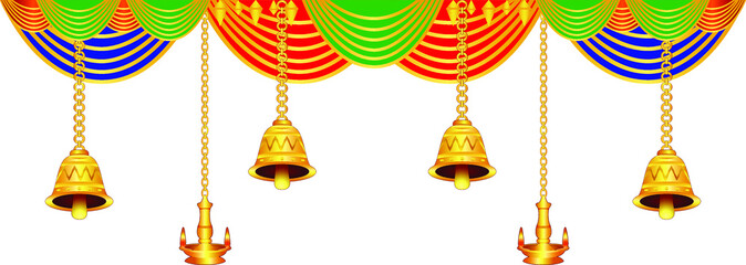 The creative and colorful design of the decorative curtains, lamps, and hanging bells of the temple in a very unique style.
