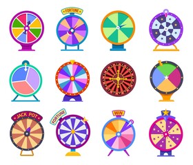 Roulette fortune wheels. Prize roulette wheel, lucky circle and lottery game spins. Casino gaming elements, isolated win jackpot chance, exact vector set